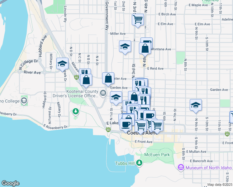 map of restaurants, bars, coffee shops, grocery stores, and more near 102 East Garden Avenue in Coeur d'Alene