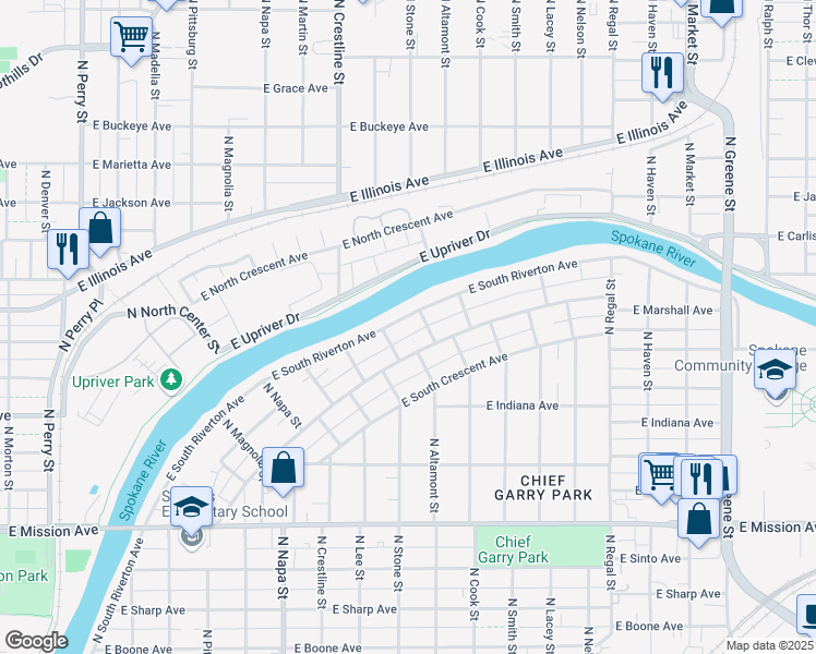 map of restaurants, bars, coffee shops, grocery stores, and more near 2316 Park Boundary in Spokane