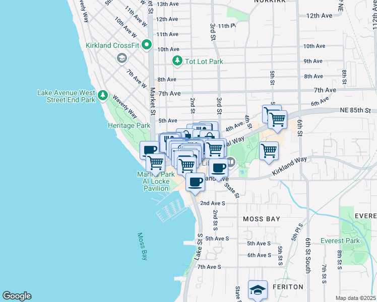 map of restaurants, bars, coffee shops, grocery stores, and more near in Kirkland
