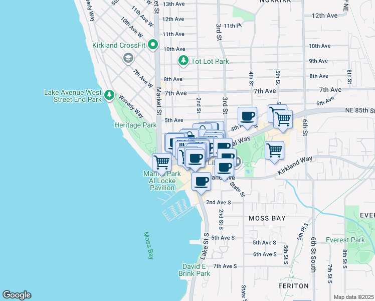 map of restaurants, bars, coffee shops, grocery stores, and more near in Kirkland