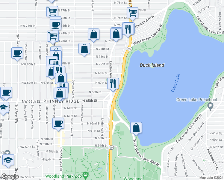map of restaurants, bars, coffee shops, grocery stores, and more near 6619 Linden Avenue North in Seattle