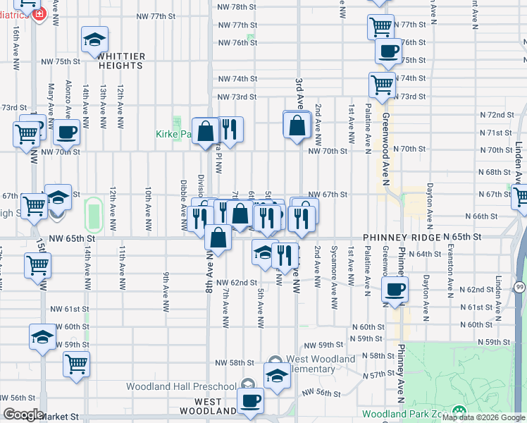 map of restaurants, bars, coffee shops, grocery stores, and more near 6550 5th Avenue Northwest in Seattle