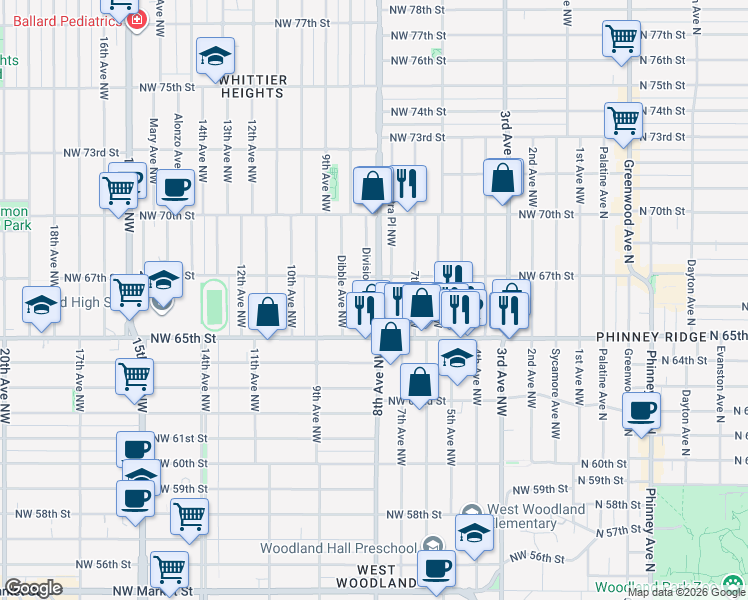 map of restaurants, bars, coffee shops, grocery stores, and more near in Seattle