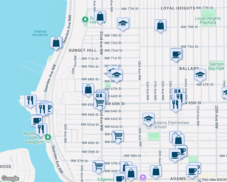 map of restaurants, bars, coffee shops, grocery stores, and more near 3025 Northwest 68th Street in Seattle