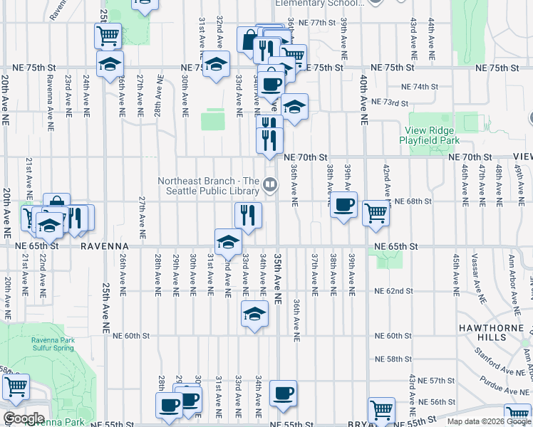 map of restaurants, bars, coffee shops, grocery stores, and more near 6559 35th Avenue Northeast in Seattle
