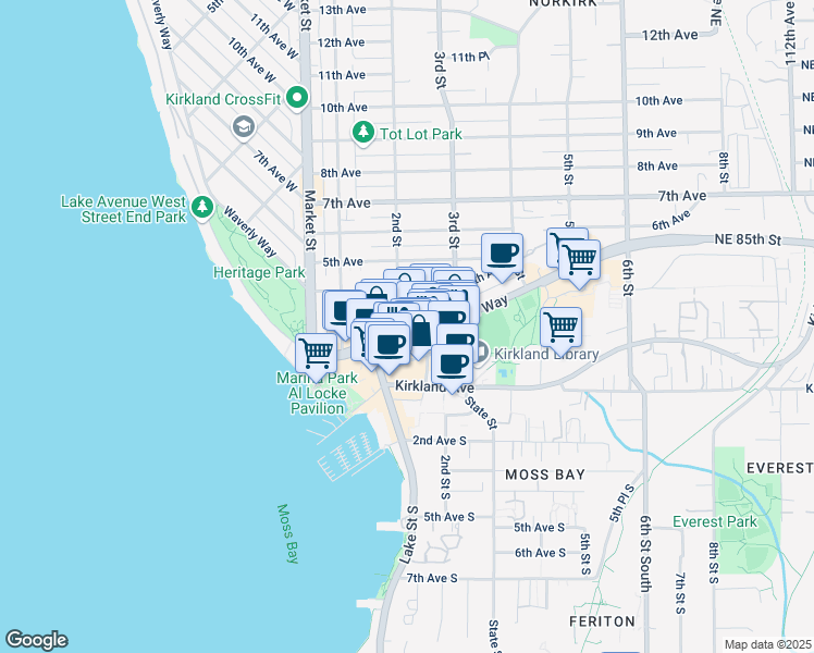 map of restaurants, bars, coffee shops, grocery stores, and more near 2222 2nd Place in Kirkland