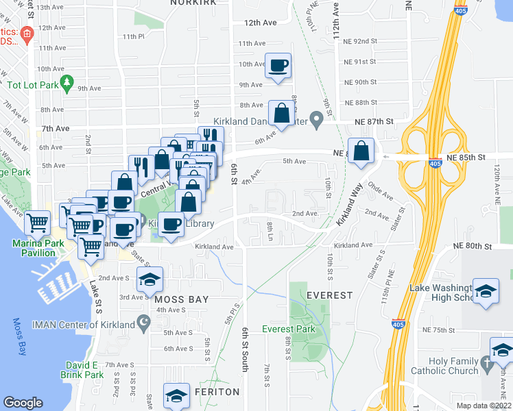map of restaurants, bars, coffee shops, grocery stores, and more near 702 Kirkland Way in Kirkland
