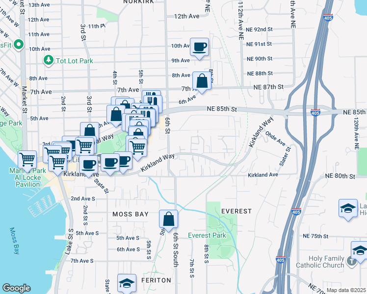 map of restaurants, bars, coffee shops, grocery stores, and more near 702 Kirkland Way in Kirkland