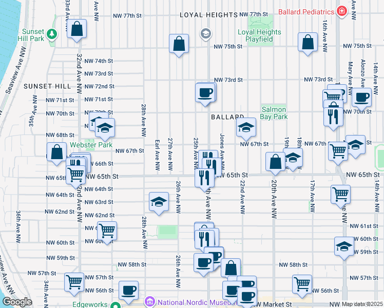 map of restaurants, bars, coffee shops, grocery stores, and more near 6543 25th Avenue Northwest in Seattle
