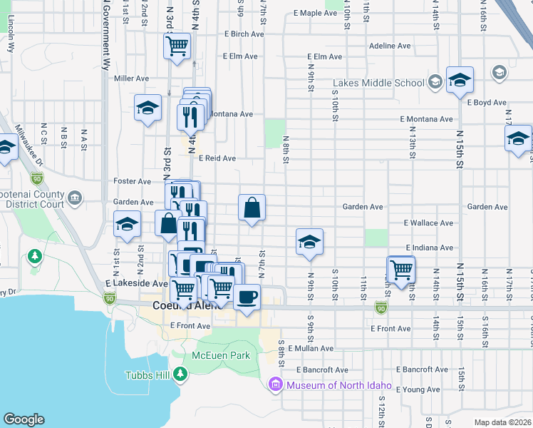 map of restaurants, bars, coffee shops, grocery stores, and more near 701 East Garden Avenue in Coeur d'Alene
