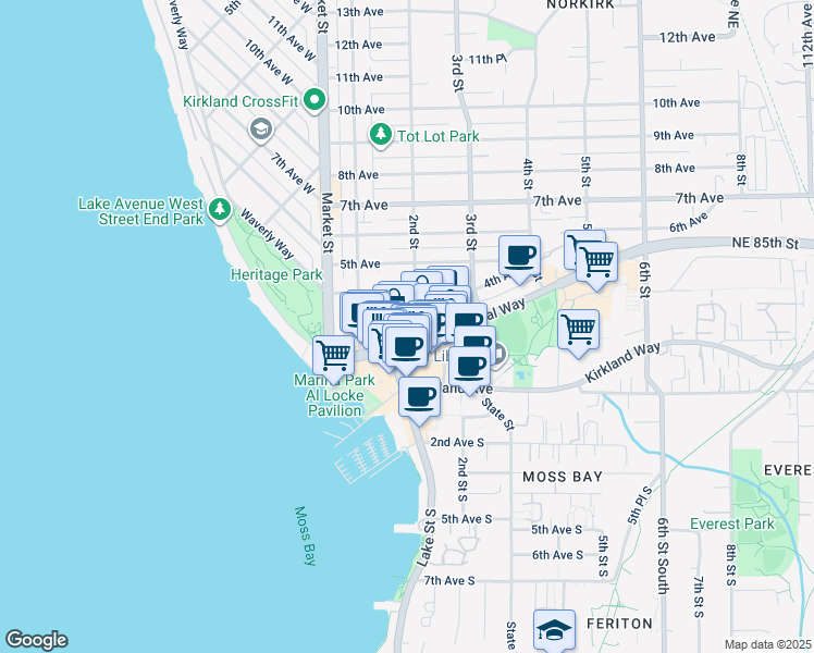 map of restaurants, bars, coffee shops, grocery stores, and more near 129 3rd Avenue in Kirkland