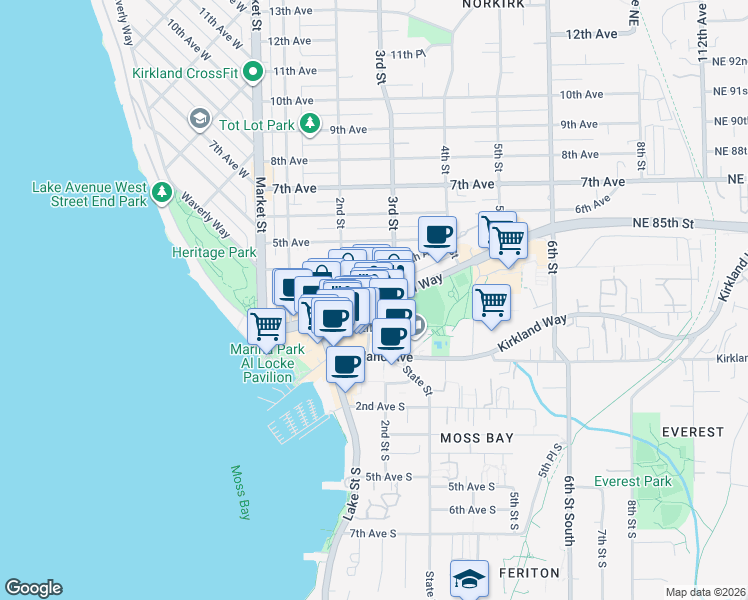 map of restaurants, bars, coffee shops, grocery stores, and more near 2222 2nd Place in Kirkland