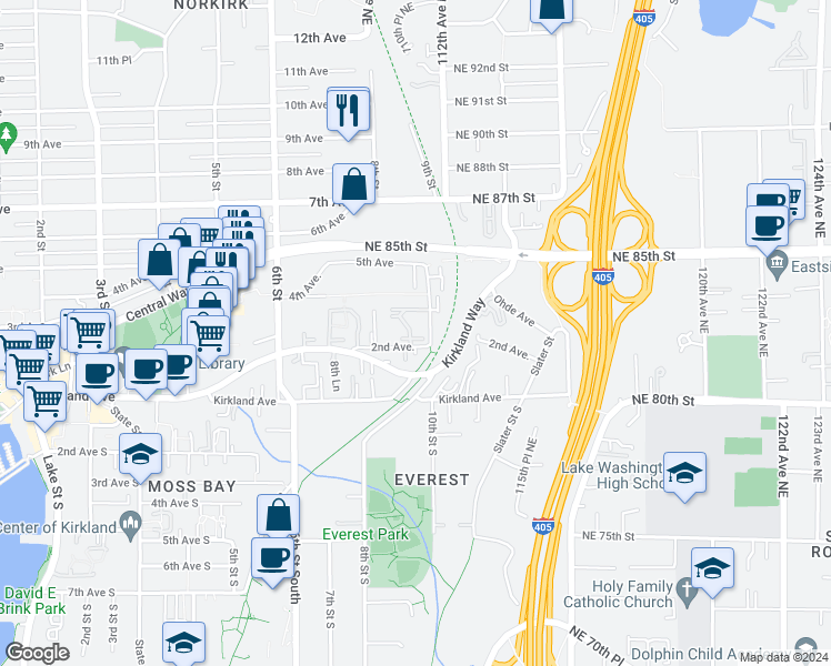 map of restaurants, bars, coffee shops, grocery stores, and more near 210 9th Street in Kirkland