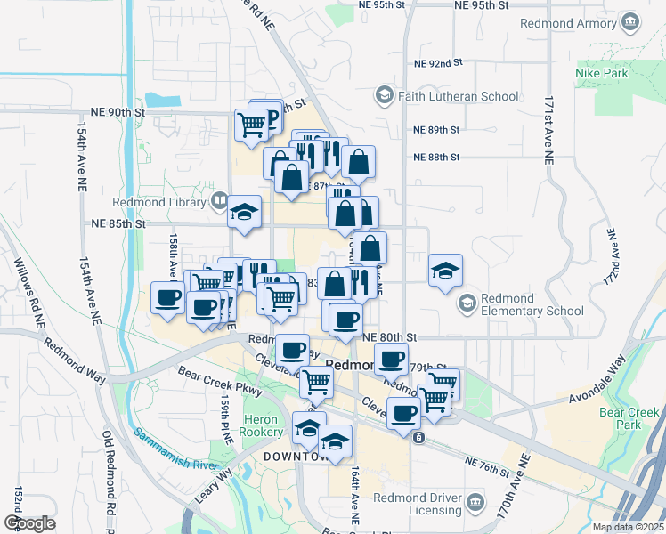 map of restaurants, bars, coffee shops, grocery stores, and more near 16366 Northeast 83rd Street in Redmond