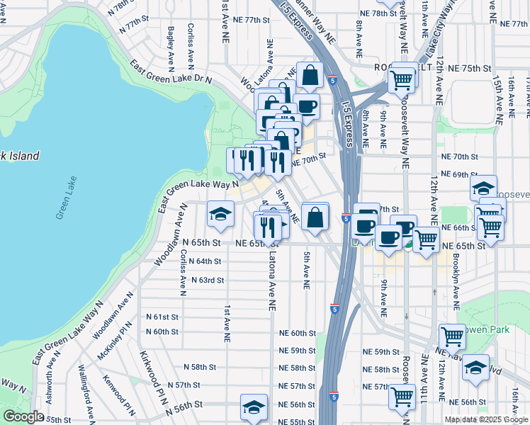 map of restaurants, bars, coffee shops, grocery stores, and more near in Seattle