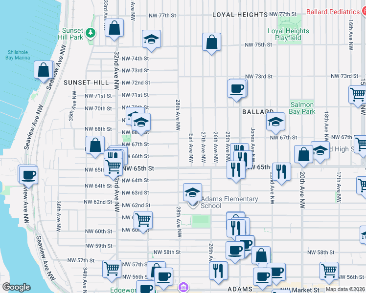 map of restaurants, bars, coffee shops, grocery stores, and more near 2765 Northwest 67th Street in Seattle