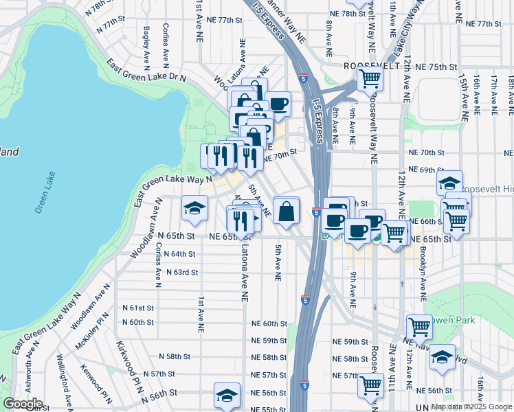 map of restaurants, bars, coffee shops, grocery stores, and more near 6555 5th Avenue Northeast in Seattle