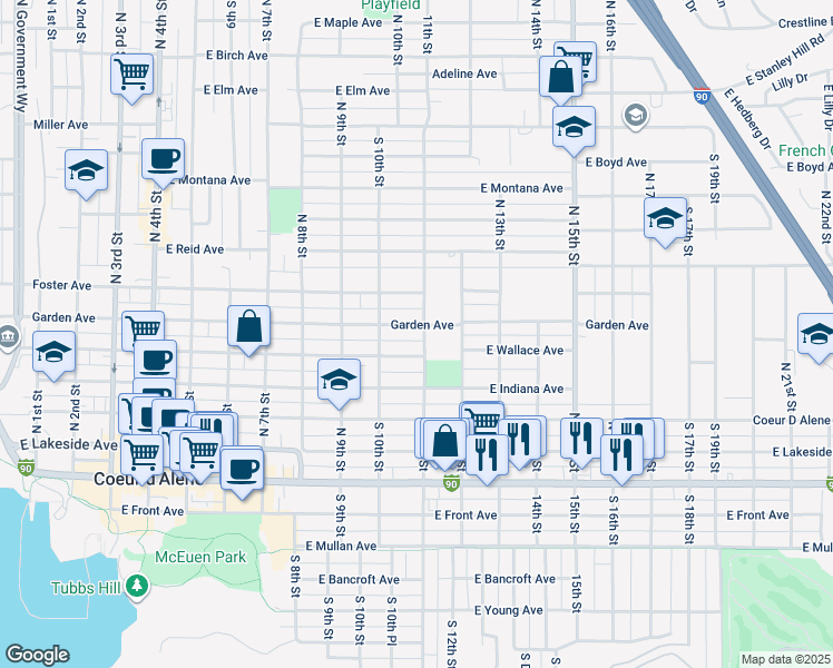 map of restaurants, bars, coffee shops, grocery stores, and more near 602 North 11th Street in Coeur d'Alene