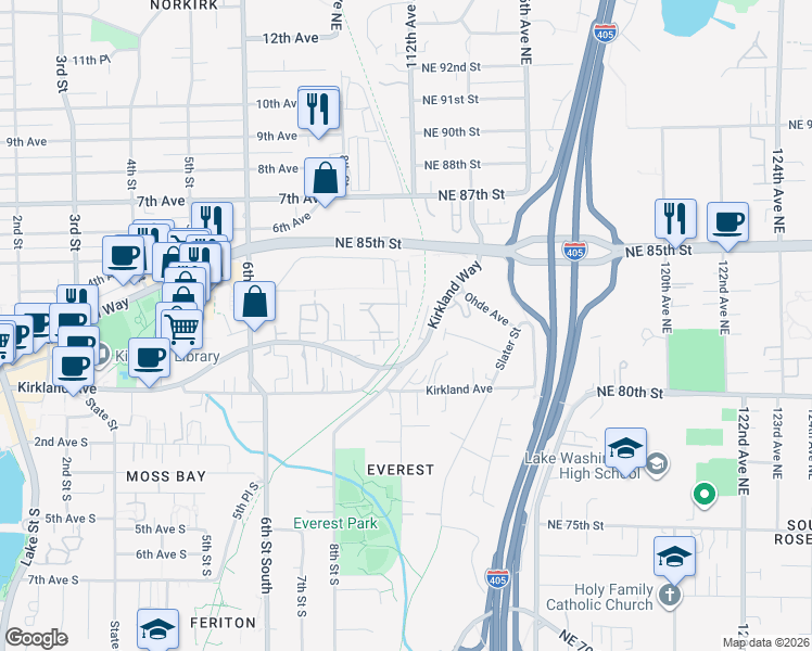 map of restaurants, bars, coffee shops, grocery stores, and more near 929 3rd Avenue in Kirkland