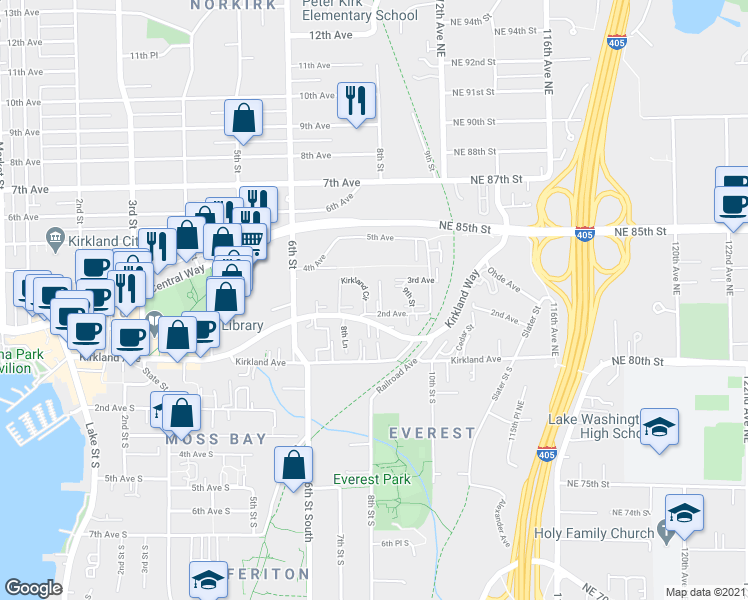 map of restaurants, bars, coffee shops, grocery stores, and more near 832 2nd Avenue in Kirkland