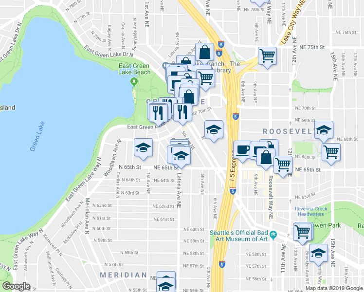 map of restaurants, bars, coffee shops, grocery stores, and more near 6571 5th Avenue Northeast in Seattle