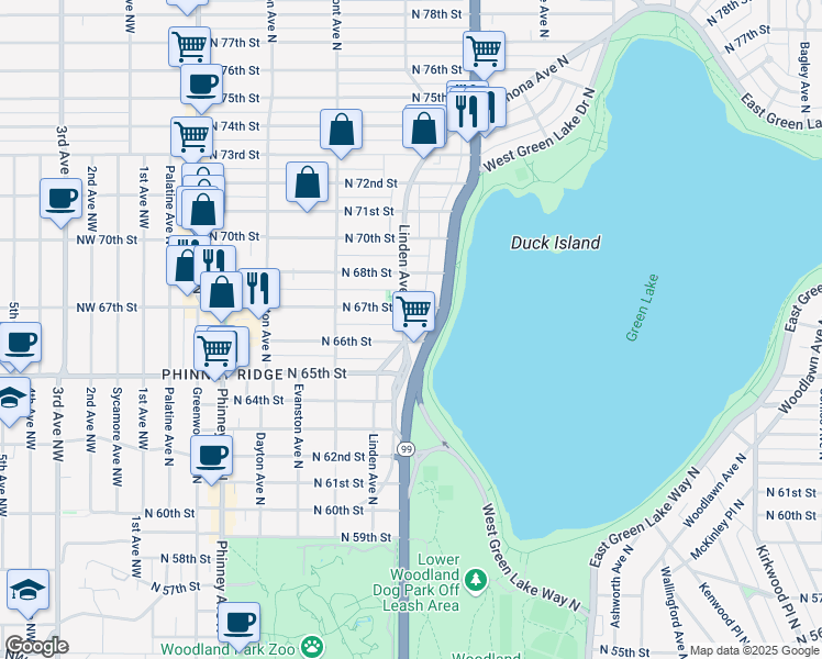 map of restaurants, bars, coffee shops, grocery stores, and more near 6619 Linden Avenue North in Seattle