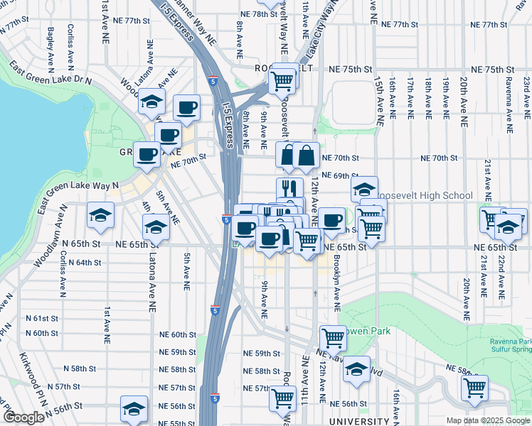 map of restaurants, bars, coffee shops, grocery stores, and more near 829 Northeast 67th Street in Seattle
