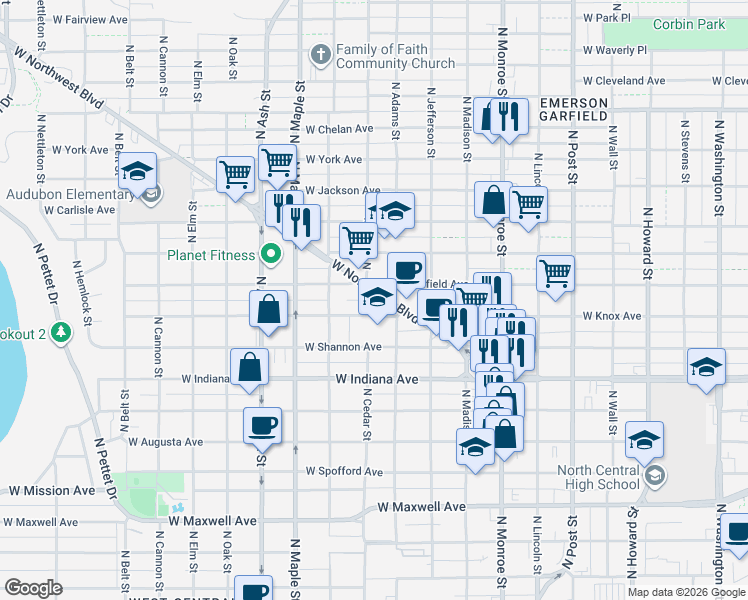 map of restaurants, bars, coffee shops, grocery stores, and more near 1310 West Northwest Boulevard in Spokane