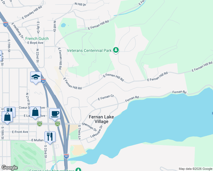 map of restaurants, bars, coffee shops, grocery stores, and more near 2944 East Fernan Terrace Drive in Coeur d'Alene