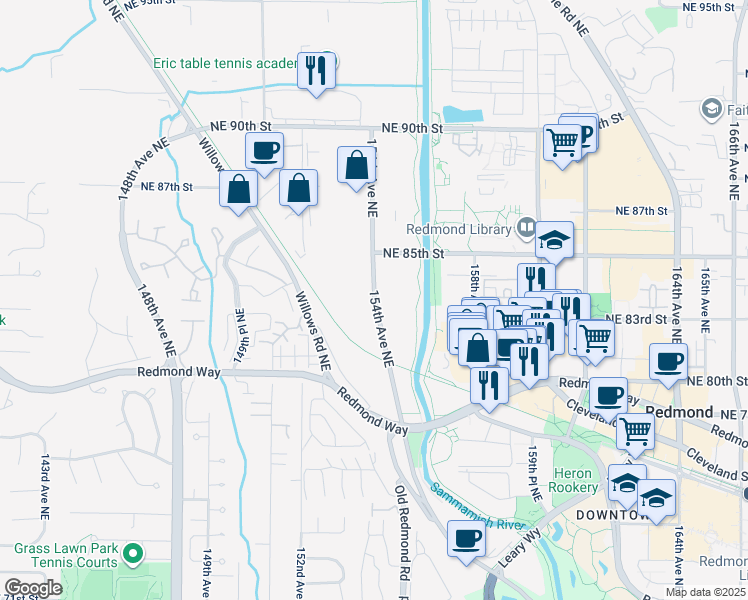 map of restaurants, bars, coffee shops, grocery stores, and more near 8349 154th Avenue Northeast in Redmond