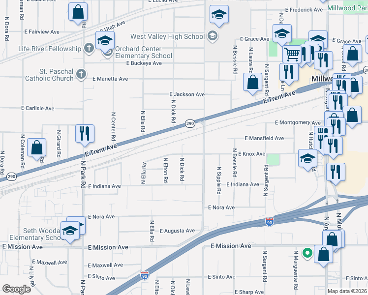 map of restaurants, bars, coffee shops, grocery stores, and more near 8117 East Knox Avenue in Spokane Valley