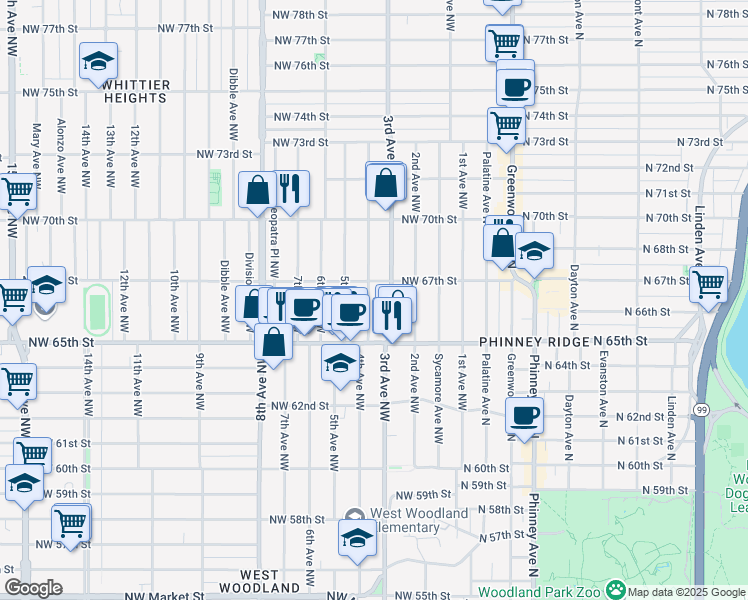 map of restaurants, bars, coffee shops, grocery stores, and more near 6542 4th Avenue Northwest in Seattle