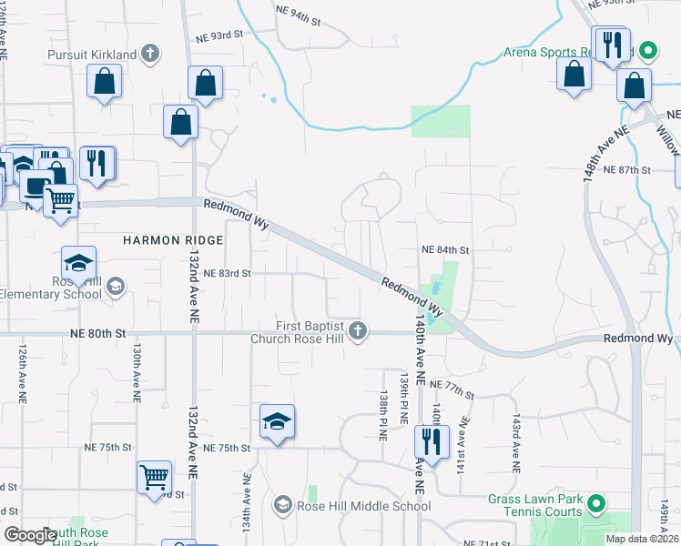 map of restaurants, bars, coffee shops, grocery stores, and more near 13708 Northeast 83rd Street in Redmond