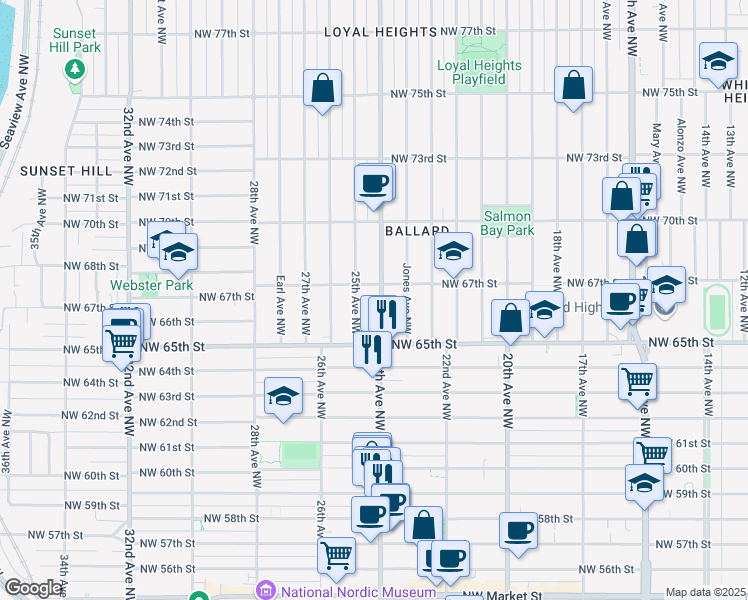 map of restaurants, bars, coffee shops, grocery stores, and more near 6547 24th Avenue Northwest in Seattle