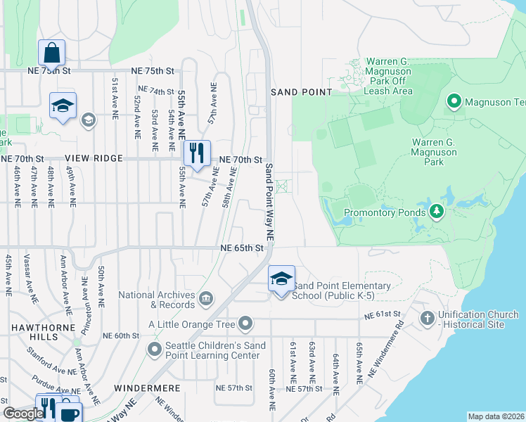 map of restaurants, bars, coffee shops, grocery stores, and more near 5862 Northeast Park Point Drive in Seattle