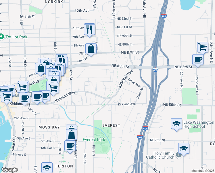 map of restaurants, bars, coffee shops, grocery stores, and more near 929 3rd Avenue in Kirkland