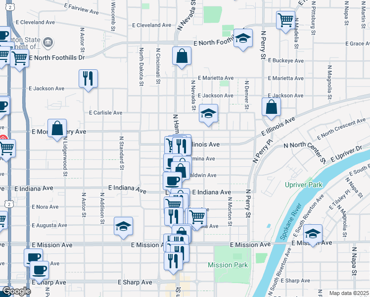 map of restaurants, bars, coffee shops, grocery stores, and more near 910 East Illinois Avenue in Spokane