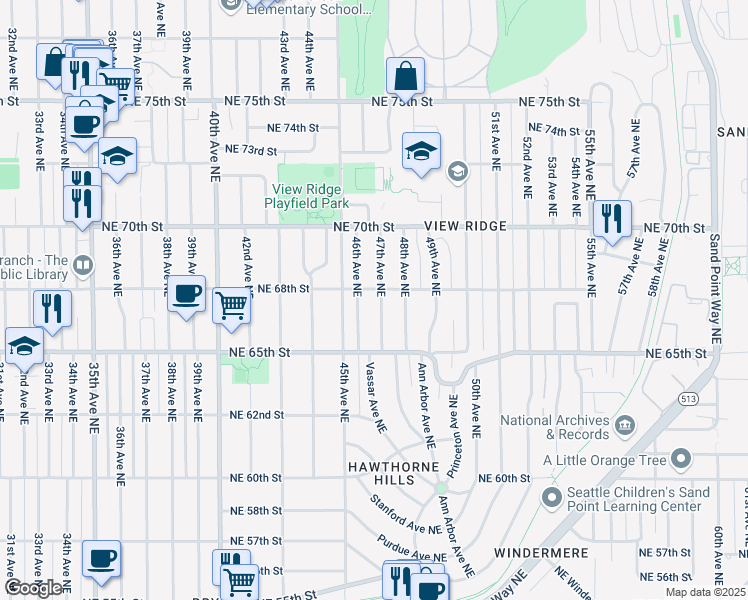 map of restaurants, bars, coffee shops, grocery stores, and more near 6556 46th Avenue Northeast in Seattle
