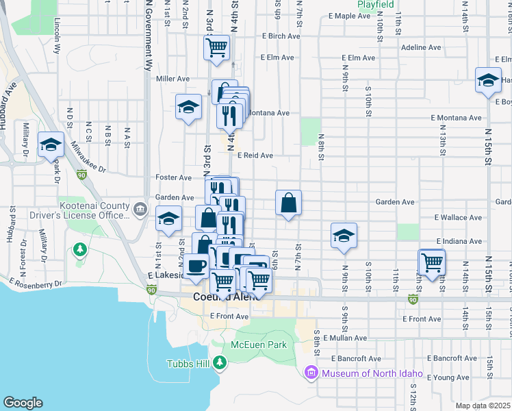 map of restaurants, bars, coffee shops, grocery stores, and more near 502 North 5th Street in Coeur d'Alene