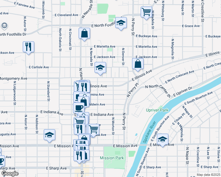 map of restaurants, bars, coffee shops, grocery stores, and more near 1102 East Illinois Avenue in Spokane