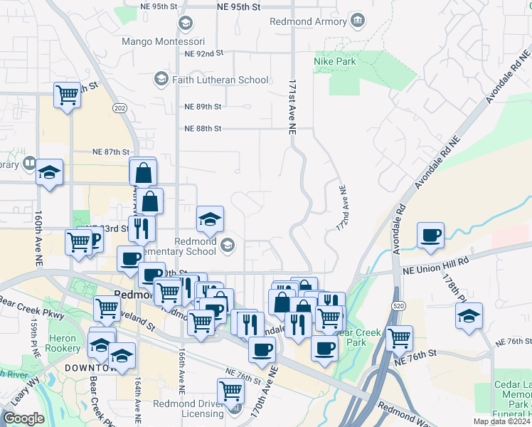 map of restaurants, bars, coffee shops, grocery stores, and more near 8400 169th Place Northeast in Redmond
