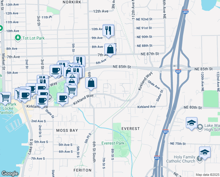 map of restaurants, bars, coffee shops, grocery stores, and more near 742 Kirkland Circle in Kirkland
