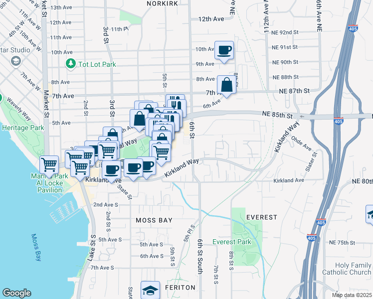map of restaurants, bars, coffee shops, grocery stores, and more near 530 2nd Avenue in Kirkland