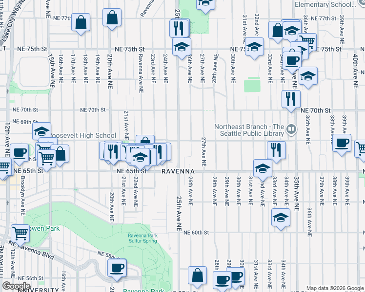 map of restaurants, bars, coffee shops, grocery stores, and more near 6555 25th Avenue Northeast in Seattle