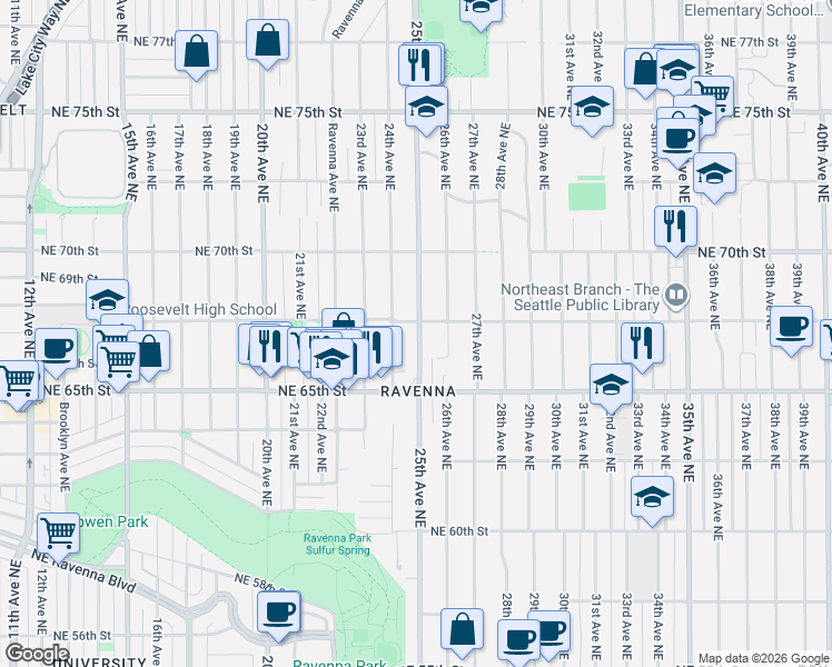 map of restaurants, bars, coffee shops, grocery stores, and more near 6555 25th Avenue Northeast in Seattle