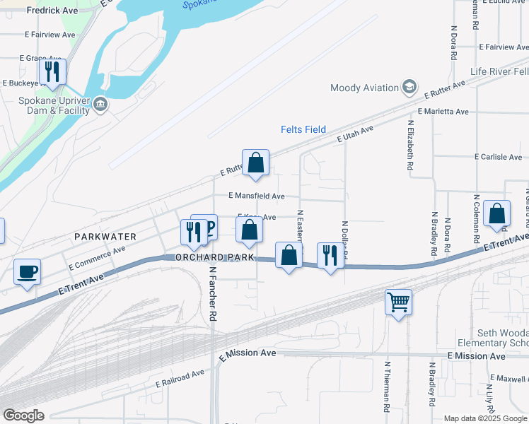 map of restaurants, bars, coffee shops, grocery stores, and more near 6105 East Knox Avenue in Spokane Valley