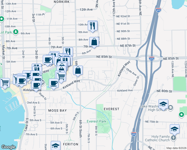 map of restaurants, bars, coffee shops, grocery stores, and more near 740 Kirkland Circle in Kirkland