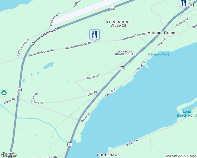 map of restaurants, bars, coffee shops, grocery stores, and more near 17 Glover Road in Harbour Grace