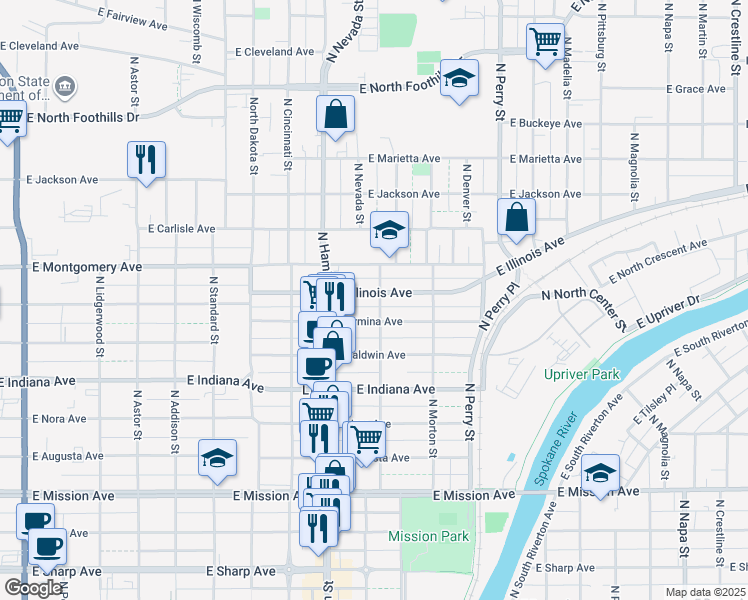 map of restaurants, bars, coffee shops, grocery stores, and more near 948 East Illinois Avenue in Spokane