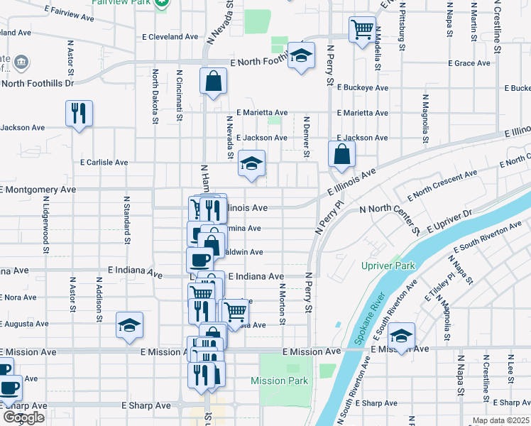 map of restaurants, bars, coffee shops, grocery stores, and more near 1102 East Illinois Avenue in Spokane